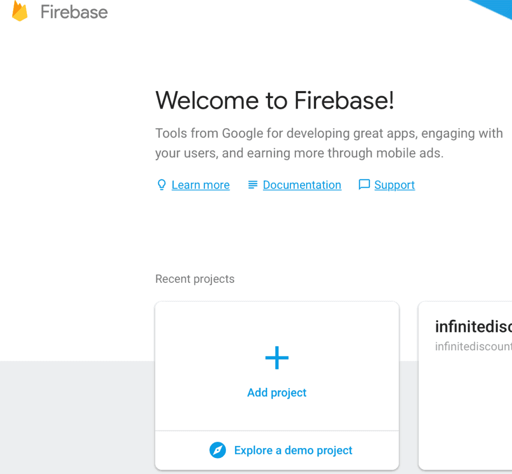 firebase welcome screenshot