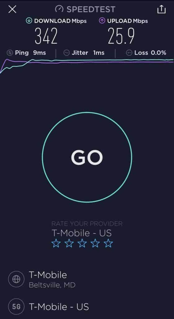 speed test showing 5g mint mobile speeds of 342 Mbps