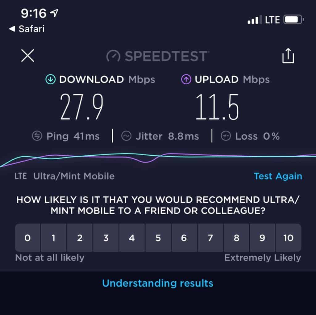 speed test showing 27.9 Mbps downloads from mint mobile
